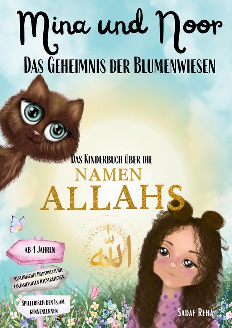 "Mina und Noor: Das Geheimnis der Blumenwiesen" zeigt ein Kind und eine Katze in einer blumigen Landschaft.