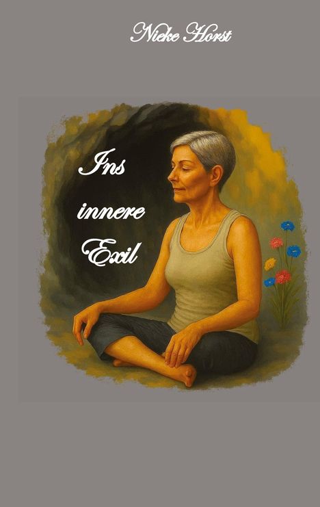 „Ins innere Exil“. Illustration einer sitzenden, meditierenden Frau vor einem Höhleneingang, bunte Blumen im Hintergrund.