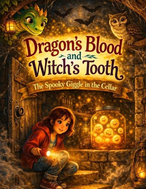 Text: "Dragon's Blood and Witch's Tooth: The Spooky Giggle in the Cellar." Illustration: Ein Mädchen mit Taschenlampe im Keller.