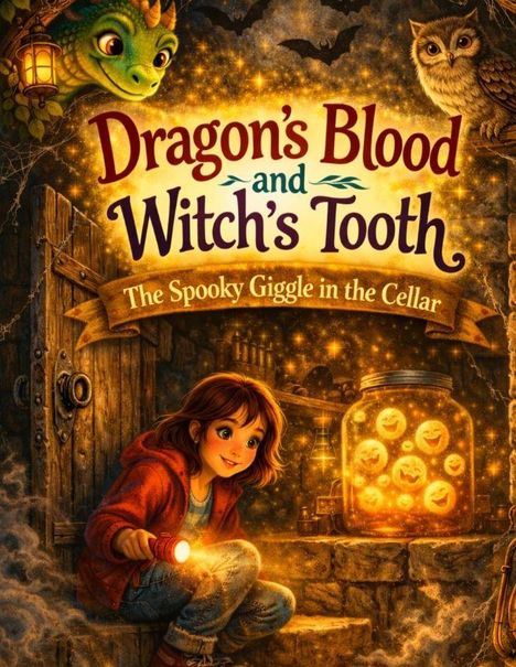 Text: "Dragon's Blood and Witch's Tooth: The Spooky Giggle in the Cellar." Mädchen mit Taschenlampe, Glas mit leuchtenden Gesichtern.
