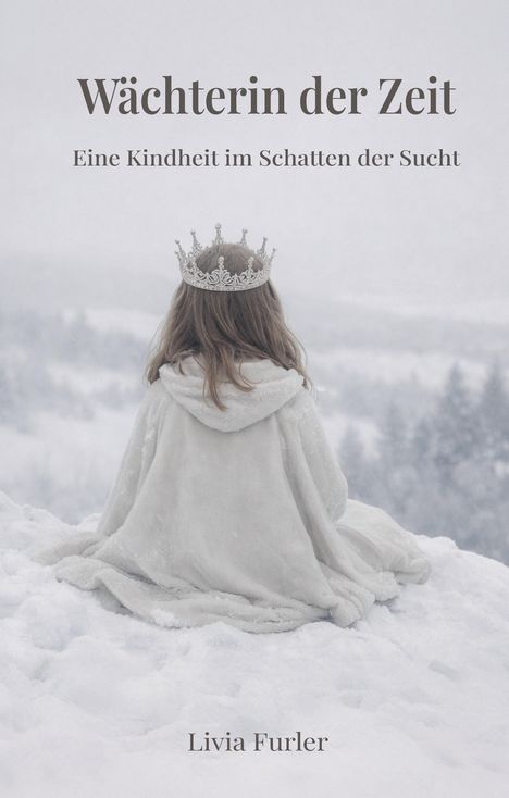 "Wächterin der Zeit. Eine Kindheit im Schatten der Sucht." Ein Kind mit Krone sitzt im Schnee und blickt in die Ferne.