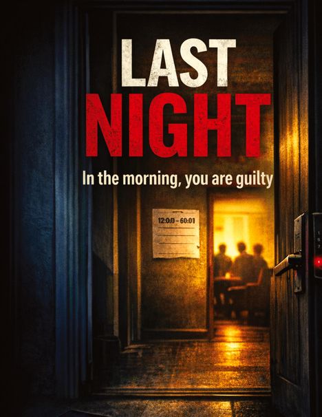 „LAST NIGHT. In the morning, you are guilty. 12:00 - 60:01“. Eine geöffnete Tür zeigt unscharfe Figuren an einem Tisch.