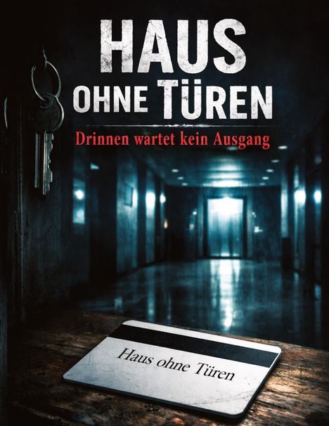 Texte: "HAUS OHNE TÜREN", "Drinnen wartet kein Ausgang", "Haus ohne Türen". Ein dunkler Flur, Schlüssel in Nahaufnahme.
