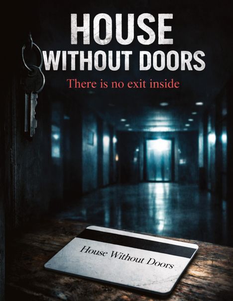 "House Without Doors", "There is no exit inside". Ein dunkler Flur mit Schlüssel im Vordergrund und Karte auf Tisch.
