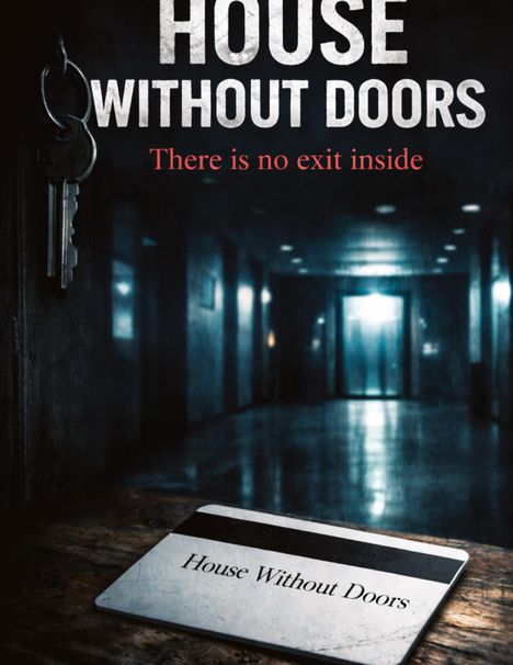"House Without Doors. There is no exit inside." Ein düsterer Flur, seitlich hängt ein Schlüsselbund, eine Schlüsselkarte liegt auf einem Tisch.
