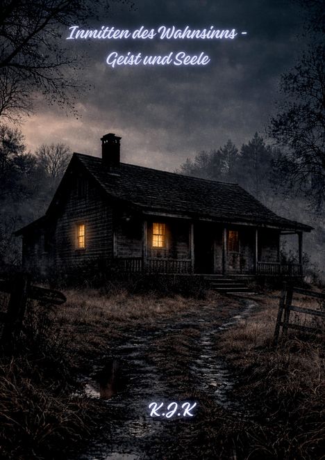 „Inmitten des Wahnsinns - Geist und Seele.“ Darunter ein altes Holzhaus mit beleuchteten Fenstern in einer düsteren Landschaft.