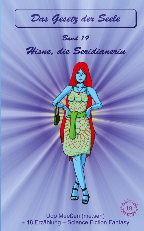 „Das Gesetz der Seele, Band 19, Hisne, die Seridianerin.“ Illustration: Eine blaue Frau mit roten Haaren vor blauem Hintergrund.
