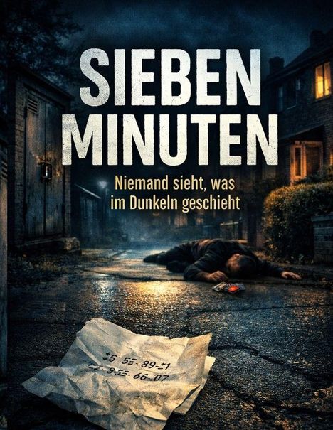 „SIEBEN MINUTEN. Niemand sieht, was im Dunkeln geschieht.“ Eine Person liegt auf dem Boden, davor ein zerknülltes Papier.