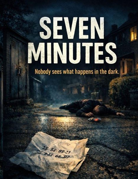 „SEVEN MINUTES. Nobody sees what happens in the dark.“ Dunkle Gasse, Person liegt am Boden, herumliegendes Papier.
