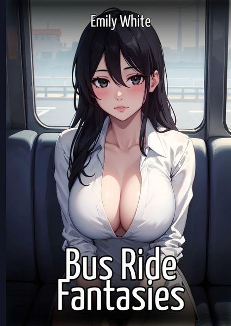 Texte: "Emily White", "Bus Ride Fantasies". Illustration einer Frau mit dunklem Haar im Bus, trägt weiße Bluse.