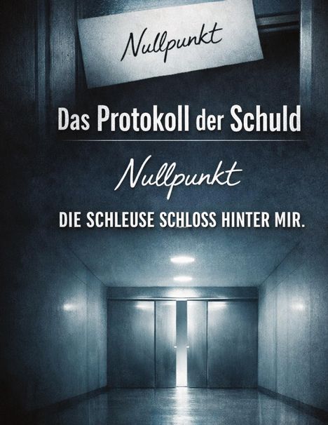 "Nullpunkt, Das Protokoll der Schuld, Nullpunkt, DIE SCHLEUSE SCHLOSS HINTER MIR." Ein dunkler Korridor mit verschlossener Tür.