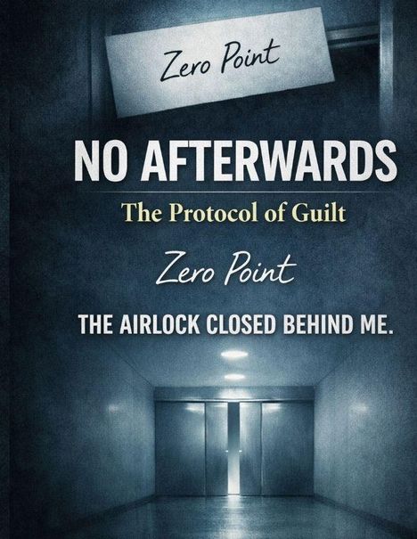 Texte: "Zero Point", "NO AFTERWARDS", "The Protocol of Guilt", "Zero Point", "THE AIRLOCK CLOSED BEHIND ME." Ein düsterer Flur.