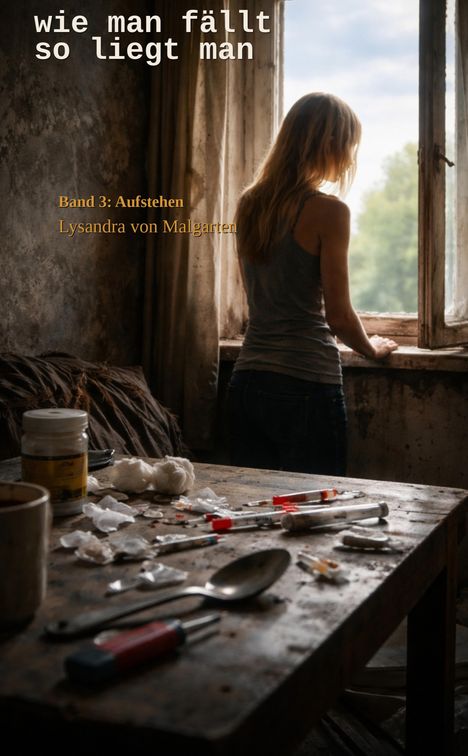 Text: "wie man fällt so liegt man. Band 3: Aufstehen. Lysandra von Malgarten." Frau blickt aus einem heruntergekommenen Raum.