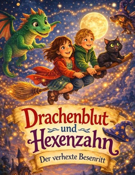 Titel: "Drachenblut und Hexenzahn: Der verhexte Besenritt." Zwei Kinder und eine schwarze Katze fliegen auf einem Besen, begleitet von einem grünen Drachen und einer Hexe am Nachthimmel.