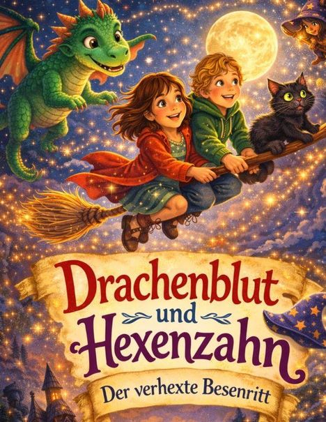 "Drachenblut und Hexenzahn: Der verhext Besenritt." Zwei Kinder und ein Drache fliegen auf einem Besen unter einem Vollmond.