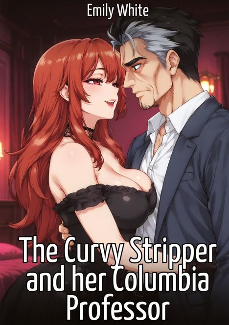 "My Curvy Jersey MILF Landlady" und "Emily White". Illustration einer lächelnden Frau in rotem Pullover und dunklem Rock.