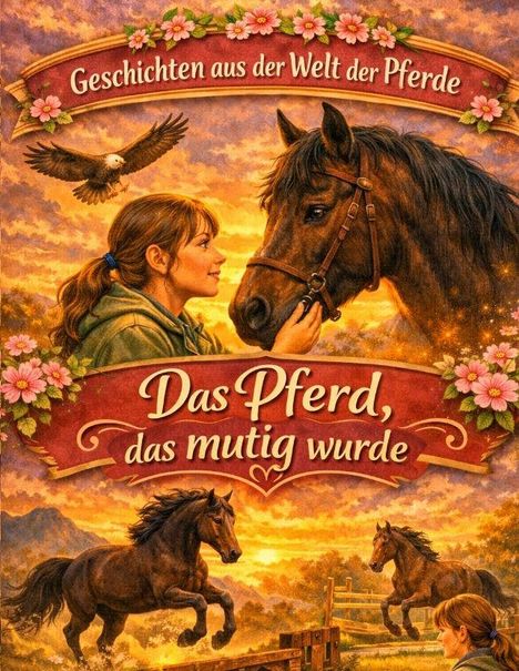 "Geschichten aus der Welt der Pferde", "Das Pferd, das mutig wurde". Eine Illustration zeigt ein Mädchen mit Pferd bei Sonnenuntergang.