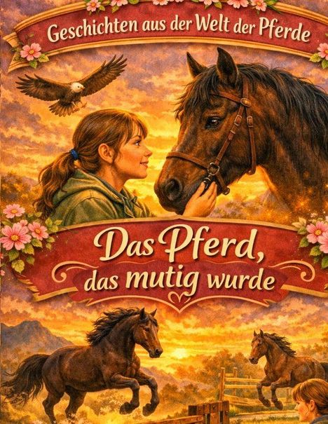 "Das Pferd, das mutig wurde" und "Geschichten aus der Welt der Pferde". Ein Mädchen mit Pferd, Adler im Himmel, zwei gallopierende Pferde.