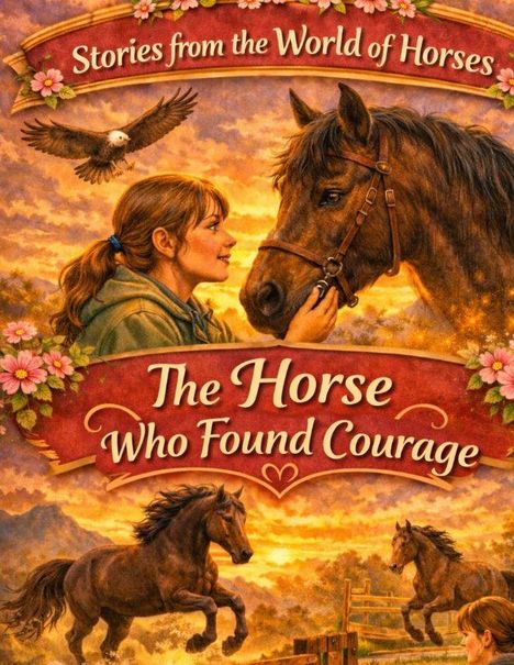 Text: "Stories from the World of Horses" und "The Horse Who Found Courage". Illustration: Mädchen und Pferd, Adler, galoppierende Pferde.