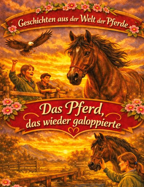 "Geschichten aus der Welt der Pferde. Das Pferd, das wieder galoppierte." Illustration mit Pferd, Kindern und Adler.