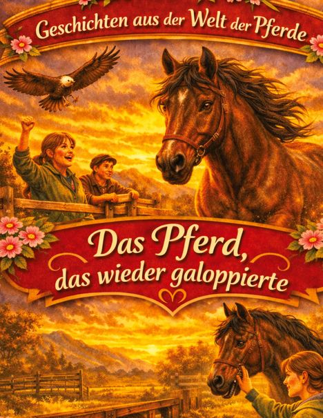 Text: "Geschichten aus der Welt der Pferde" - "Das Pferd, das wieder galoppierte." Illustration mit Pferden und Kindern.