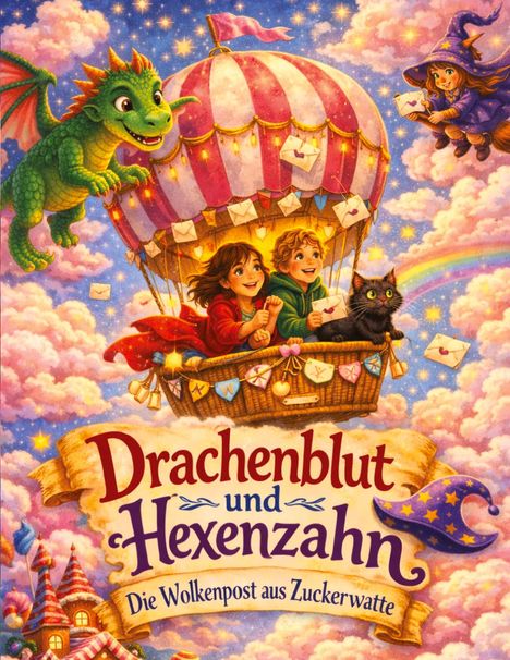 „Drachenblut und Hexenzahn: Die Wolkenpost aus Zuckerwatte“ ist eine farbenfrohe Illustration mit Ballon, Kindern und Drachen.