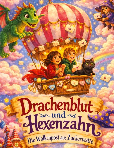 "Drachenblut und Hexenzahn: Die Wolkenpost aus Zuckerwatte." Zwei Kinder in einem Heißluftballon, mit Drache und Katze.