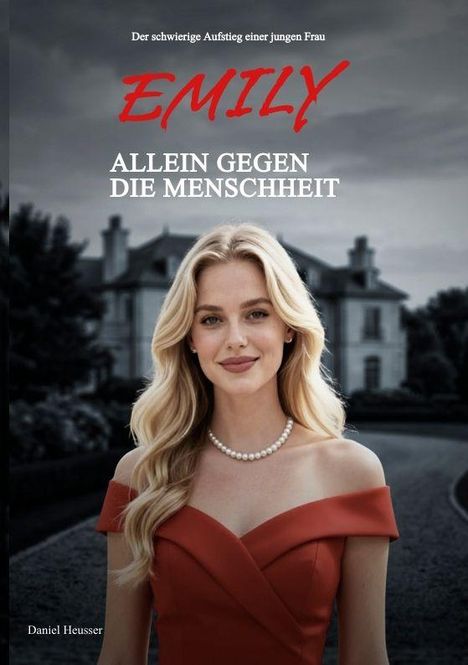 „Der schwierige Aufstieg einer jungen Frau“, „EMILY“, „ALLEIN GEGEN DIE MENSCHHEIT“. Eine Frau in Abendkleid vor Villa.