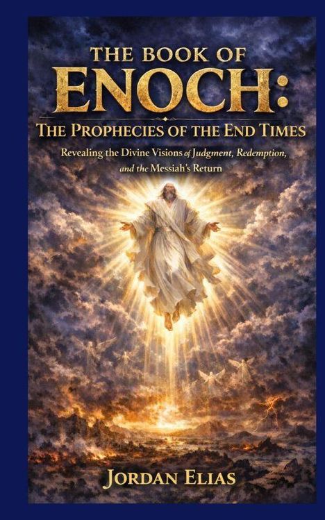 „The Book of Enoch: The Prophecies of the End Times“. Illustration eines strahlenden Mannes am Himmel, umgeben von Wolken.