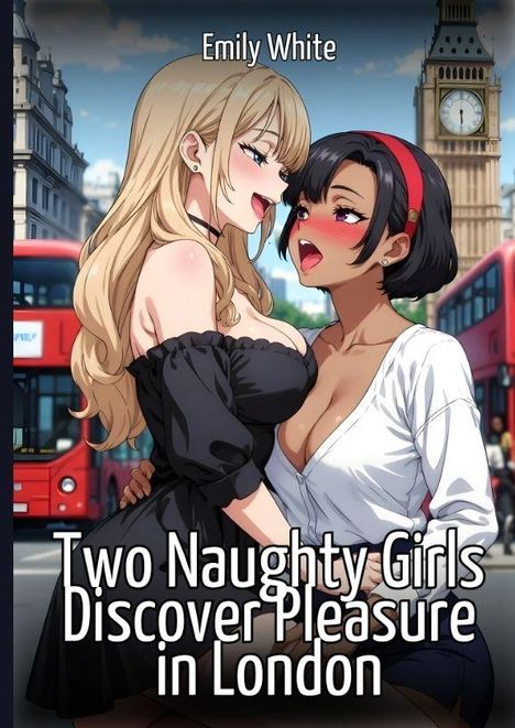 "Two Naughty Girls Discover Pleasure in London", "Emily White". Zwei Frauen eng umschlungen, im Hintergrund Londoner Bus.