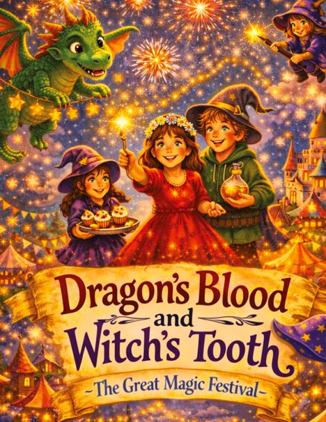 "Dragon's Blood and Witch's Tooth - The Great Magic Festival." Ein Drache, Kinder in Zauberkostümen, funkelnder Himmel.