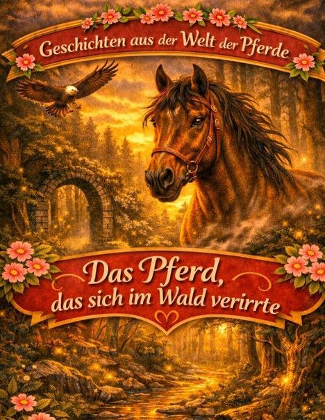 „Geschichten aus der Welt der Pferde. Das Pferd, das sich im Wald verirrte.“ Ein Pferd im Wald, ein Adler fliegt.