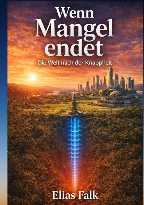 „Wenn Mangel endet. Die Welt nach der Knappheit“ – Elias Falk. Futuristische Stadt mit leuchtendem Bohrturm.