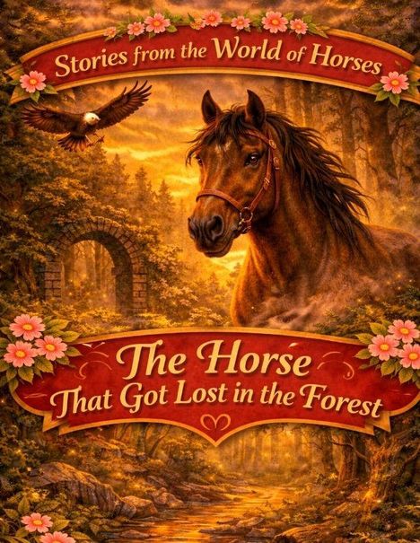 "Stories from the World of Horses: The Horse That Got Lost in the Forest." Illustration eines Pferdes im Wald mit Blumen.