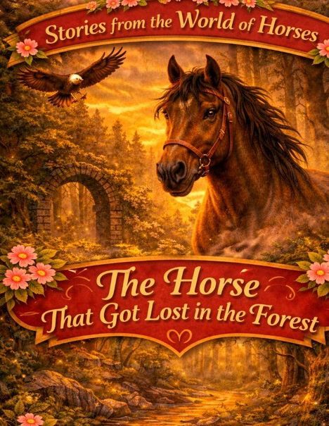 "Stories from the World of Horses" und "The Horse That Got Lost in the Forest". Illustration eines Pferdes im Wald, Adler fliegt.
