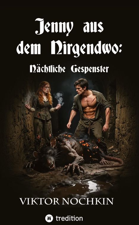Buchcover mit dem Titel "Jenny aus dem Nirgendwo: Nächtliche Gespenster". Eine Frau und ein Mann stehen vor einem großen Rattenmonster.