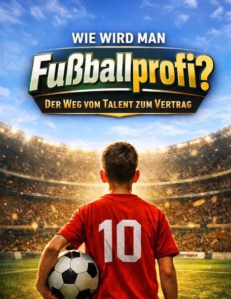 Text: "WIE WIRD MAN Fußballprofi? DER WEG VOM TALENT ZUM VERTRAG". Ein Junge im roten Trikot mit der Nummer 10, hält einen Fußball im Stadion.