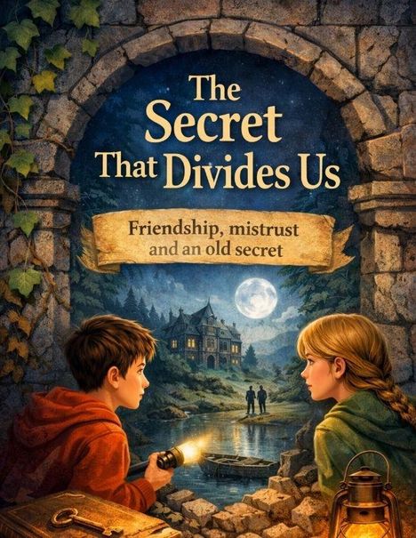 "The Secret That Divides Us. Friendship, mistrust and an old secret." Zwei Kinder mit Laternen vor einem Schloss bei Vollmond.