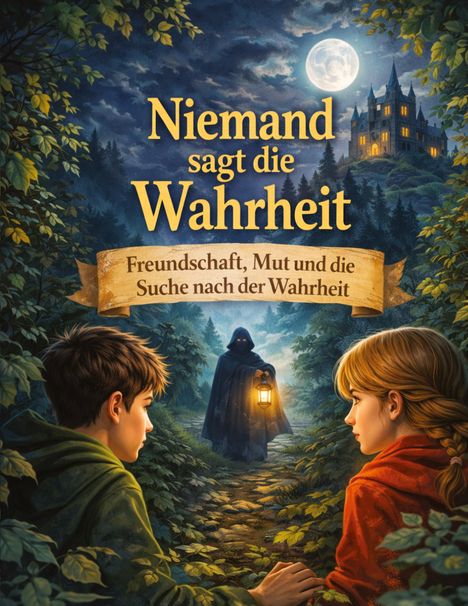 Ein Junge und ein Mädchen im Wald, vor einem Kapuzenmann mit Laterne. Im Hintergrund ein beleuchtetes Schloss.