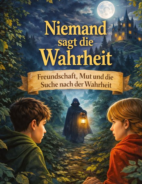 „Niemand sagt die Wahrheit“, „Freundschaft, Mut und die Suche nach der Wahrheit“. Zwei Kinder im Wald, Mann mit Laterne.
