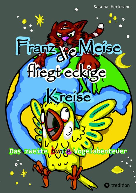 "Franz die Meise fliegt eckige Kreise", ein Papagei und eine Katze sind auf einer bunten Weltkugel dargestellt.