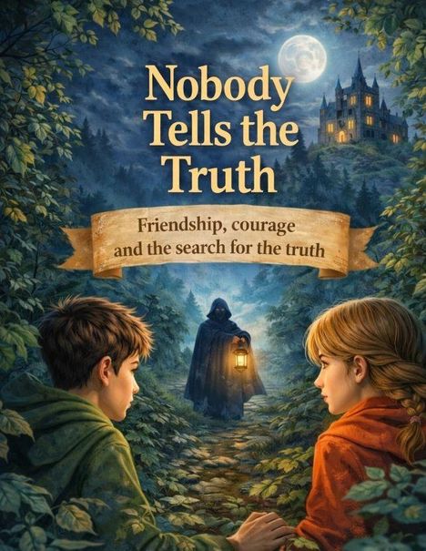 „Nobody Tells the Truth“ und „Friendship, courage and the search for the truth“. Zwei Kinder im Wald, Burg im Hintergrund.