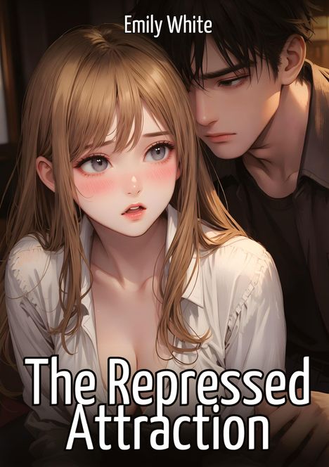 Text: "Emily White. The Repressed Attraction." Illustration zweier Personen, vertraut miteinander, in warmem Licht.