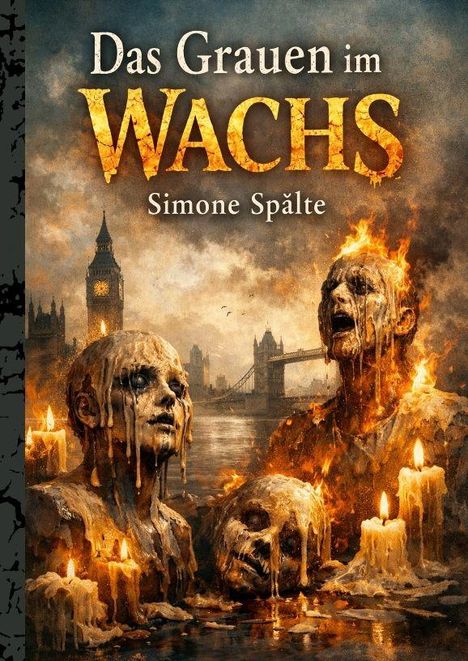 „Das Grauen im Wachs“ von Simone Spälte. Drei wächserne Figuren vor einer nebligen Kulisse mit Kerzen und Brücken.