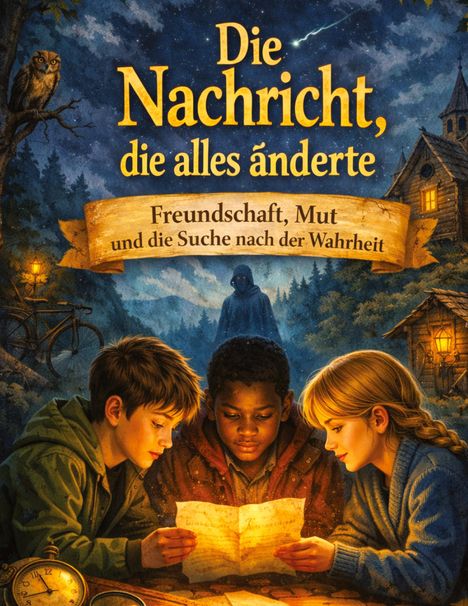 "Die Nachricht, die alles änderte. Freundschaft, Mut und die Suche nach der Wahrheit." Drei Kinder studieren ein Dokument.