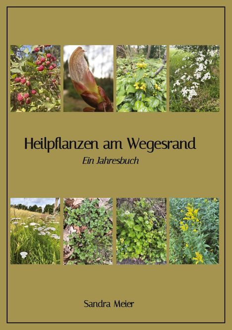 "Heilpflanzen am Wegesrand. Ein Jahresbuch. Sandra Meier." Neun Fotos von Pflanzen in einem schlichten, naturfarbenen Layout.