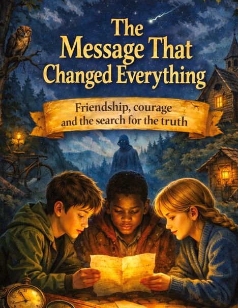 "The Message That Changed Everything. Friendship, courage and the search for the truth." Drei Kinder lesen einen Brief bei Nacht.