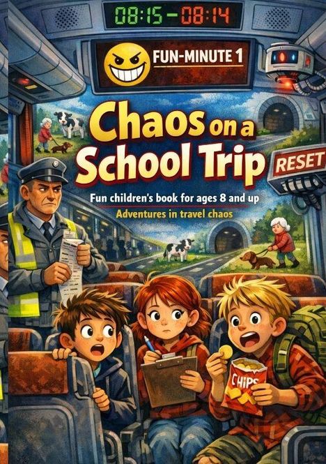 "Chaos on a School Trip", Buch für Kinder ab 8 Jahren. Drei Kinder in einem Bus, schockiert, mit einem Polizisten. Abenteuer.