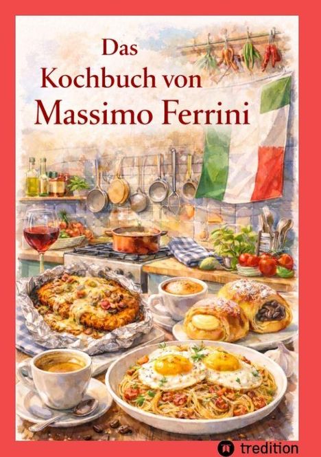 "Das Kochbuch von Massimo Ferrini." Eine italienische Küche mit Pasta, Gebäck und Wein. Italienische Fahne im Hintergrund.