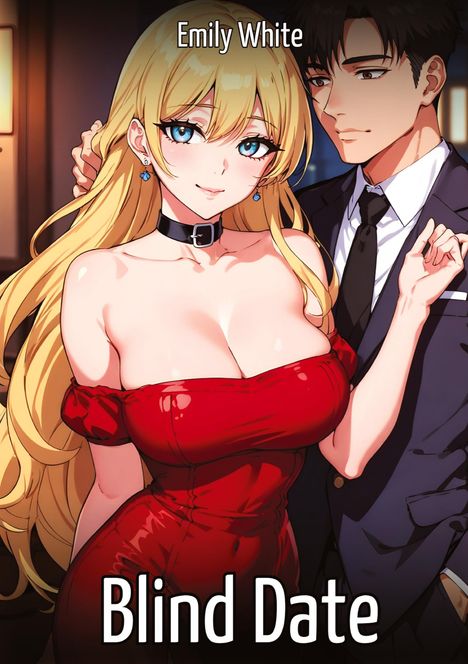 "Emily White. Blind Date." Zwei Personen in eleganter Kleidung, eine blonde Frau in einem roten Kleid und ein Mann im Anzug.